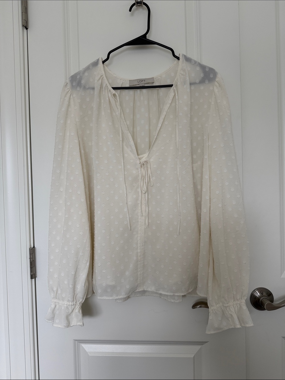 LOFT Cream Swiss Dot Tie-Front Blouse